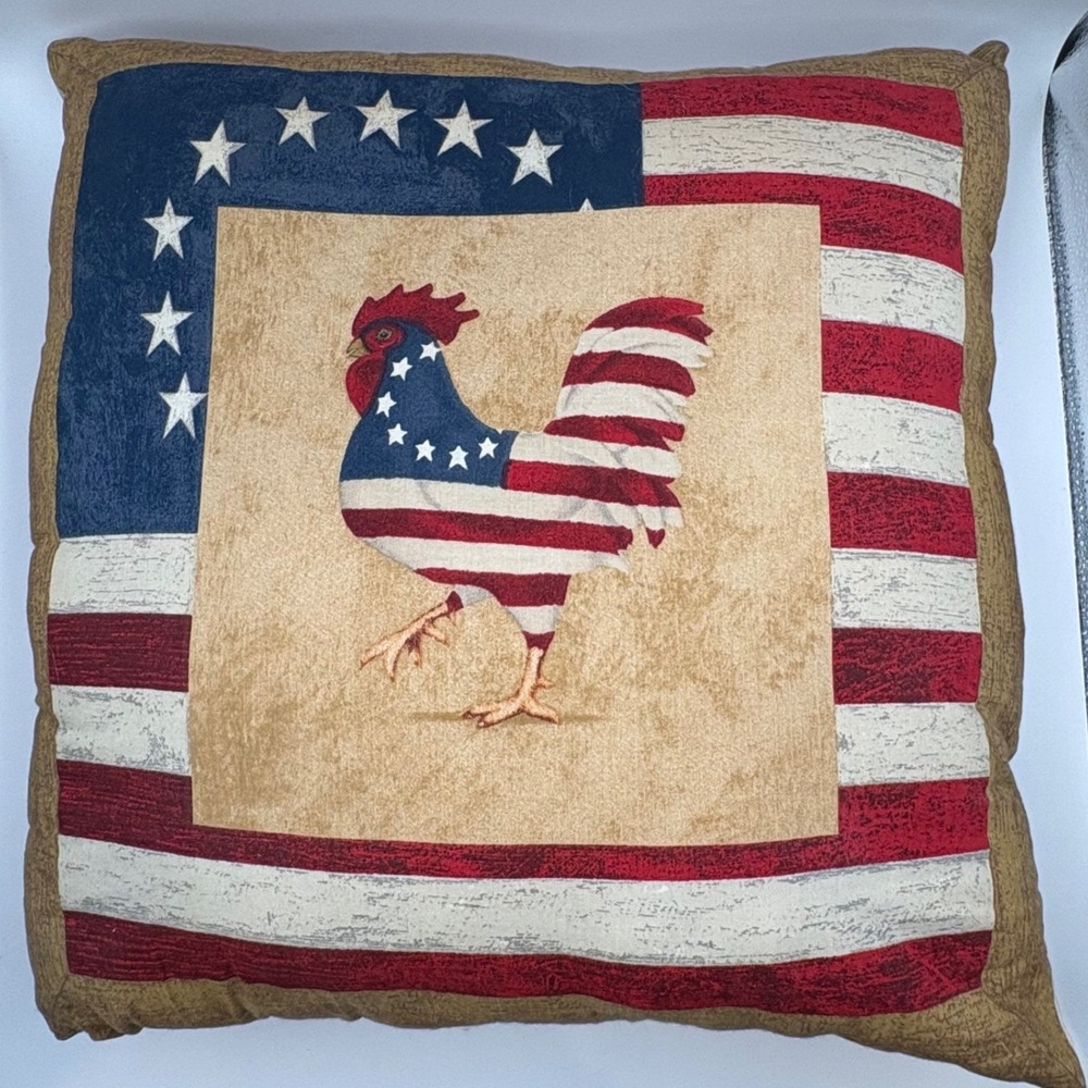 Vtg J Wiens Americana Tapestry Pillow Reversible Patriotic Rooster American Flag
